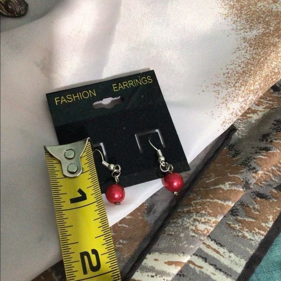 Vintage Wire Pierced Earring Small Red Dangle Earrings Round Bead - Picture 5 of 9